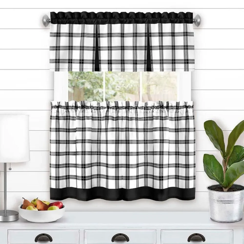 PowerSellerUSA Semi-Sheer Two-Tone Modern Kitchen Curtain with Classic Plaid